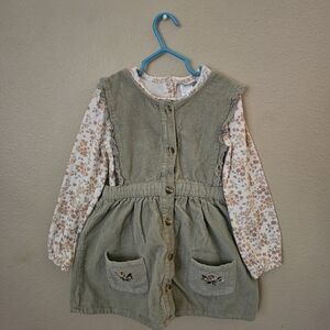 Daisy Fuentes Green Matching Set with Cuoduroy Dress Floral Long Sleeve Tee